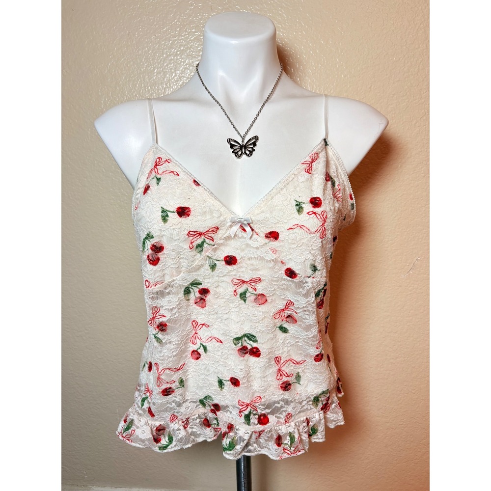 Y2K Rebellious Dreamer Cherry Bow Lace Camisole Top XL Coquette Ruffle Hem #7